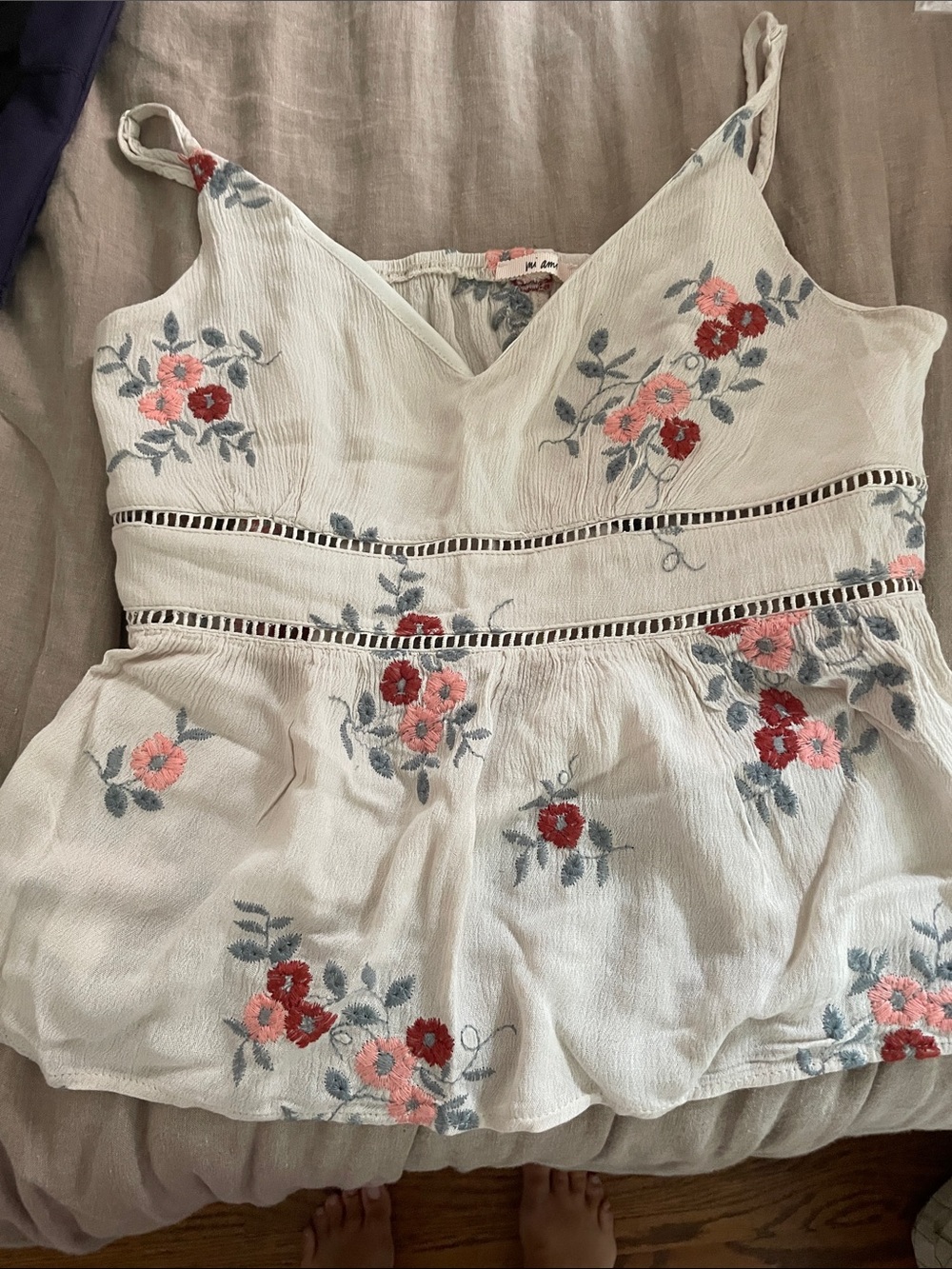 Anthropologie Ivory Floral Embroidered Tank Top with Pink & Red Flowers